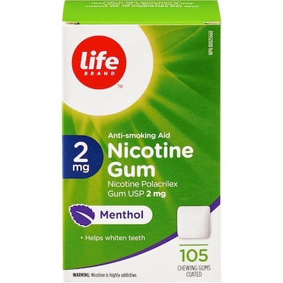 Life Gomme de nicotine 2 mg à saveur de menthol, 105 gommes enrobées 105 ea, 0,36 $/1ch