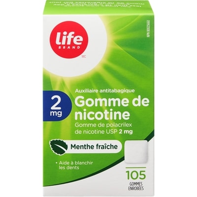 Life Gomme de nicotine 2 mg à saveur de menthe, 105 gommes à mâcher 105 ea, 0,36 $/1ch