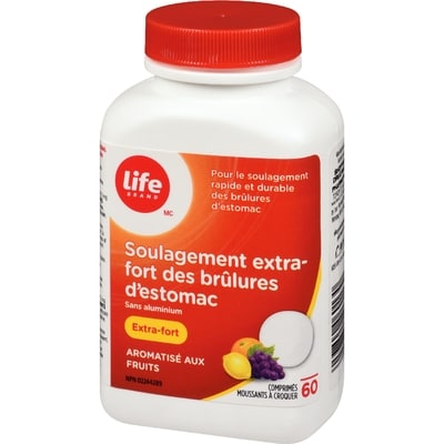 Soulagement des brûlures d’estomac extra-fort, 60 comprimés moussants à croquer à saveur de fruits