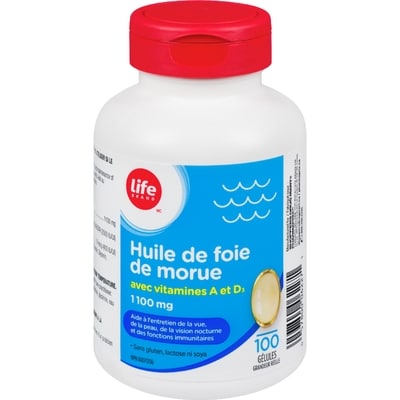 Life Huile de foie de morue avec vitamine A et D3, 1 100 mg, 100 gélules 100 ea, 0,13 $/1ch
