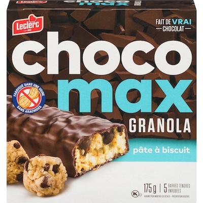 Leclerc Chocomax granola pâte à biscuits, 5 barres tendres enrobées 175 g, 1,71 $/100g