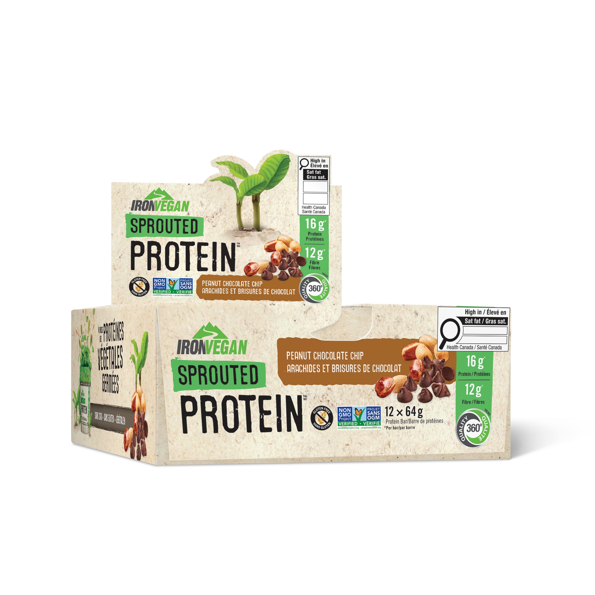 Iron Vegan Sprouted Protein Bars, 16 g, Peanut Chocolate Chip, 12 ct 12x62.0 g, $5.78/100g