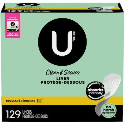 U by Kotex Protège-dessous Clean & Secure, absorption légère, longueur régulière, 129 unités. 129 ea, 0,08 $/1ch