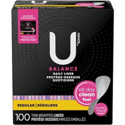 U by Kotex Protège-dessous pour le quotidien emballés Balance, absorption légère, longueur régulière, 100 unités. 100 ea, 0,10 $/1ch
