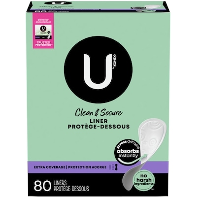 U by Kotex Protège-dessous Clean & Secure, absorption légère, protection accrue, 80 unités. 80 ea, 0,13 $/1ch