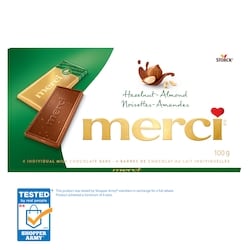 merci Chocolate bar, Hazelnut-Almond 100 g, $4.99/100g