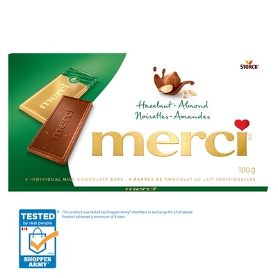 merci Chocolate bar, Hazelnut-Almond 100 g, $4.99/100g