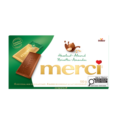 merci Chocolate bar, Hazelnut-Almond 100 g, $4.99/100g