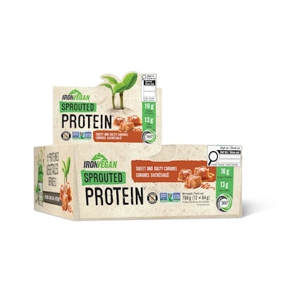 Iron Vegan Sprouted Protein Bars, 16 g, Sweet and Salty Caramel, 12 ct 12x64.0 g, $5.60/100g