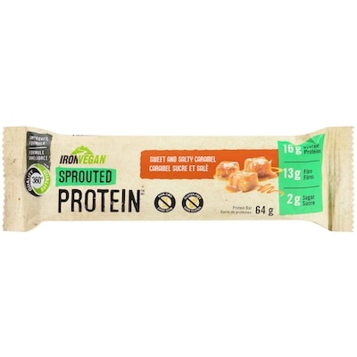 Iron Vegan Barre de Protéines Sprouted, caramel sucré et salé 64 g, 4,67 $/100g