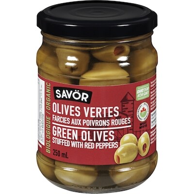 Savor Green Olives Stuffed With Red Peppers  250 ml, $2.40/100ml