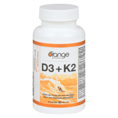 Orange Naturals D3 + K2 avec huile de noix de coco biologique 1000 UI + 120 µg, 90 gélules 90 ea, 0,28 $/1ch