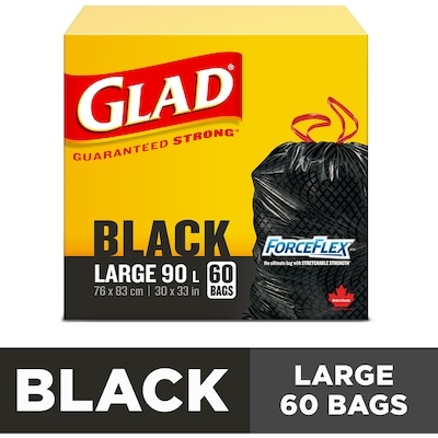 Glad Black Garbage Bags - Large 90 Litres - ForceFlex, Drawstring 60 ea, $0.40/1ea