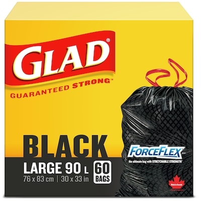 Glad Grands sacs à ordures noirs ForceFlex à cordon coulissant, sacs à ordures de 90 L 60 ea, 0,40 $/1ch