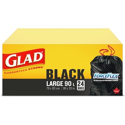 Glad Black Garbage Bags - Large 90 Litres - ForceFlex, Drawstring 24 ea, $0.46/1ea