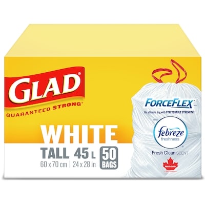 Glad White Garbage Bags - Tall 45 Litres -Febreze Fresh Clean Scent 50 ea, $0.28/1ea