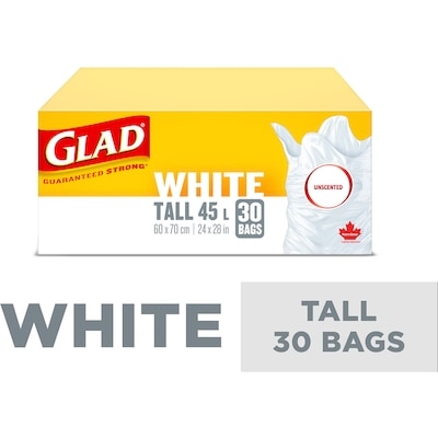 Glad White Garbage Bags - Tall 45 Litres - Unscented 30 ea, $0.32/1ea