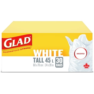 Glad Sacs à ordures blancs longs non parfumés, sacs à ordures de 45 L 30 ea, 0,32 $/1ch