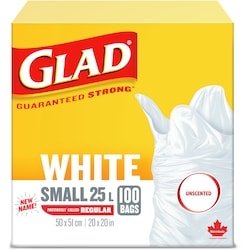 Glad White Garbage Bags - Small 25 Litres - Unscented 100 ea, $0.15/1ea