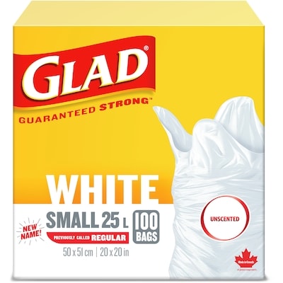 Glad White Garbage Bags - Small 25 Litres - Unscented 100 ea, $0.15/1ea