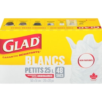 Glad Petits sacs à ordures blancs non parfumés, sacs à ordures de 25 L 48 ea, 0,17 $/1ch
