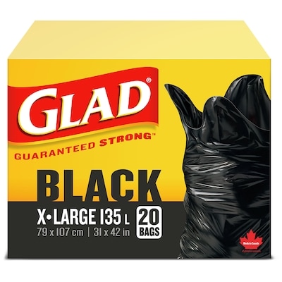 Glad Très grands sacs à ordures noirs, sacs à ordures de 135 L 20 ea, 0,55 $/1ch
