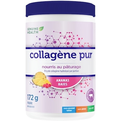 Genuine Health collagène pur, de source bovine provenant de vaches nourries à l'herbe, hydrolysé, ananas baies, en poudre 172 g, 16,85 $/100g