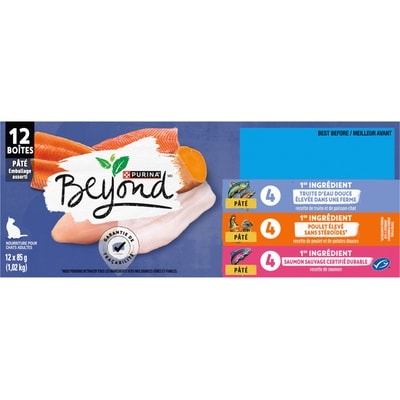 Purina Beyond Sans grains emballage assorti pâté sans grains truite, poisson-chat, poulet et saumon sauvage nourriture humide pour chats 1.02 kg, 1,96 $/100g