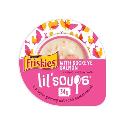 Purina Friskies Lil' Soups Sockeye Salmon in a Velvety Chicken Broth, Cat Food Complement 34 g, $4.38/100g