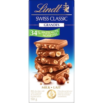 Lindt SWISS CLASSIC GRANDES Barre de chocolat au lait à la noisette 150 g, 5,66 $/100g