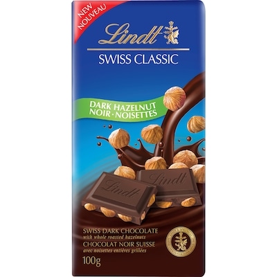 Lindt Chocolat noir avec noisettes SWISS CLASSIC – Barre 100 g, 5,49 $/100g