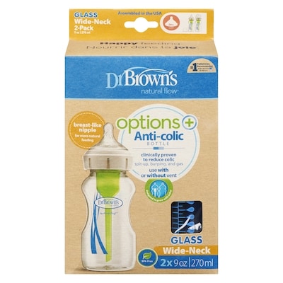 Dr Brown's 9oz Options+ Wide Neck Glass Bottle 2 Pack 2 ea, $11.00/1ea