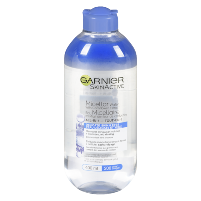 Garnier Eau micellaire nettoyante au bleuet, démaquillant tout-en-un pour peaux et yeux sensibles 400 ml, 3,25 $/100ml