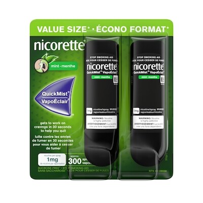 Nicorette Vaporisateur à la nicotine VapoÉclair, aide pour cesser de fumer, Menthe, 1 mg, emballage duo, 150 vaporisations par vaporisateur 2 ea, 36,50 $/1ch