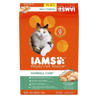 Iams Nourriture sèche pour chats adultes PROACTIVE HEALTH Hairball Care avec poulet et saumon, sac 7.257 kg, 0,62 $/100g