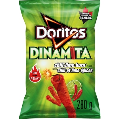 Doritos Dinamita Chile-Lime Burn rolled tortilla chips 280 g, $1.60/100g