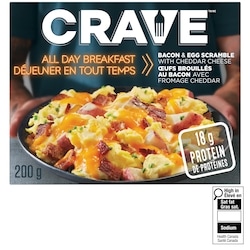 Crave Œufs brouillés au bacon avec fromage Cheddar surgelés 200 g, 2,00 $/100g