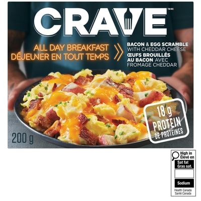 Crave Œufs brouillés au bacon avec fromage Cheddar surgelés 200 g, 2,00 $/100g