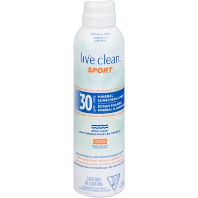 Live Clean Sport Mineral Sunscreen Spray SPF30 177 ml, $14.97/100ml