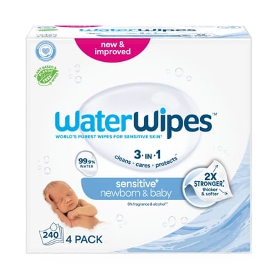 WaterWipes Sensitive+ Newborn & Baby Wipes, 3-In-1 Cleans, Cares, Protects, 99.9% Water, Unscented & Hypoallergenic, 240 Count 240 ea, $0.10/1ea