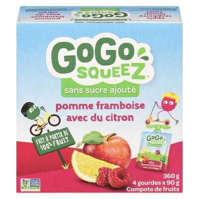 GoGo Squeez Compote tourbillon pomme-framboise-citron, sachet 4x90.0 g, 1,25 $/100g