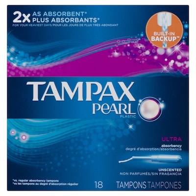 Tampax Tampons Pearl avec tresse anti-fuites LeakGuard, degré d’absorption ultra, non parfumés 18 ea, 0,39 $/1ch