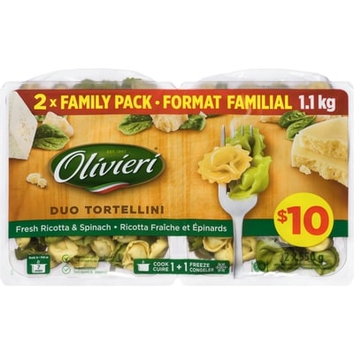 Olivieri Duo de tortellini ricotta fraîche et épinards, format familial 1100 g, 1,18 $/100g