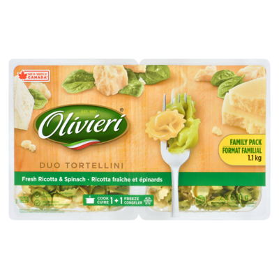 Olivieri Duo de tortellini ricotta fraîche et épinards, format familial 1100 g, 1,18 $/100g
