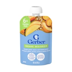 Nestlé Gerber Purée biologique Mangue, pêche, carotte, avoine et patate douce 99 g, 1,62 $/100g