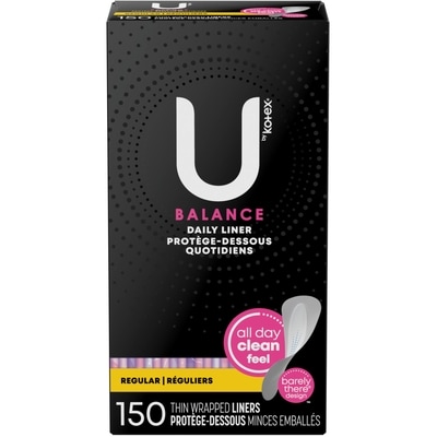 U by Kotex Protège-dessous pour le quotidien emballés Balance, absorption légère, longueur régulière, 150 unités. 150 ea, 0,09 $/1ch