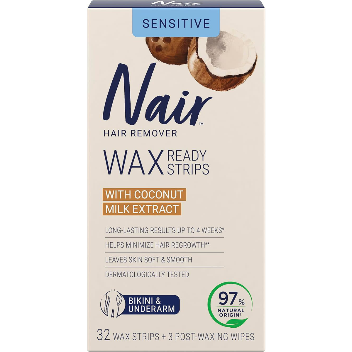 Nair Wax Ready Strips for Bikini and Underarm with Coconut Milk Oil Extract 32 ea, $0.36/1ea