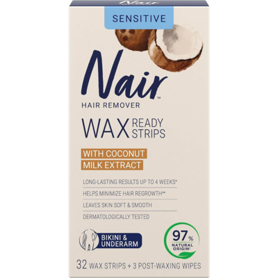 Nair Wax Ready Strips for Bikini and Underarm with Coconut Milk Oil Extract 32 ea, $0.36/1ea