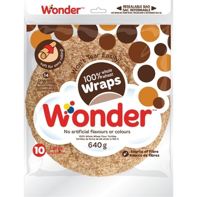 Wonder Whole Wheat 10" Wraps 640 g, $0.78/100g
