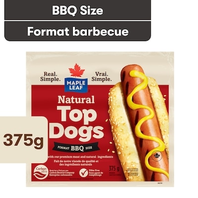 Maple Leaf Natural Top Dogs BBQ Hot Dogs 375 g, $1.86/100g